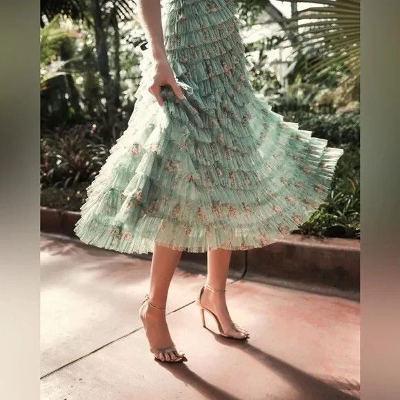 Mac Duggal 8014 Green Floral Mesh Ruffle High Neck Midi Dress NWT $798 - Picture 5 of 9